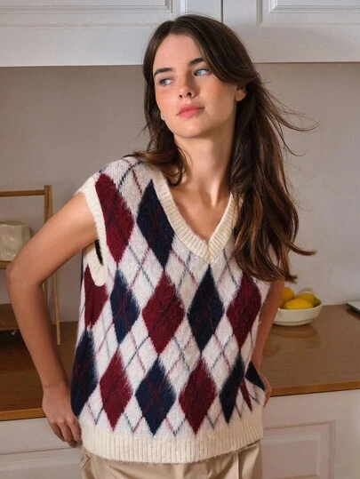 EURMUSE Cream Argyle Pattern Fuzzy Knit Sleeveless Sweater Vest – Retro Maroon & Navy Checkered Style Sweater Vest For Women Argyle Sweater Vest Sweater Top Knitted Top Knit Top Women / Vintage Chic Fashionable Elegant Metal Button Open Front Solid Color Opaque Sleeveless Round Crew Neck Business Jacket Work Outfits Waistcoat Slim Modest Minimalana Casaul Top Tank Knit Vest Sweater For Women Crew Neck Plain Dolman Fashion Casual Loose Cozy Solid Outfit Lounge Long Sleeve Pullover Wide Leg Pants Tracksui