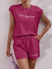 SHEIN LUNE 女式无袖背心和抽绳短裤两件套，休闲家居服 - 玫紅色 - 查看 6