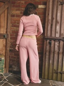 Aralina Sleepwear Fall Winter Cute Cosy Brushed Waffle Button Front Long Sleep Lounge Top With Contrast Lace Trim