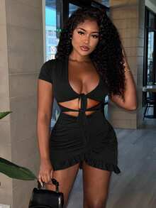 Alexandranx Đầm Bất đối xứng Cắt ra Xù Viên lá sen Trọn gói Thắt nơ trước màu trơn Gợi cảm - màu đen - Xem 4