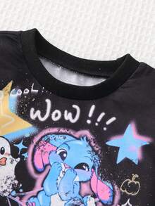 SHEIN 2 piezas Conjunto de sudadera con estampado de graffiti para niñas, conjunto deportivo de otoño - Negro - Ver 8