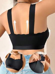 SHEIN 大码纯色贝壳边无钢圈文胸 - 黑色 - 查看 2