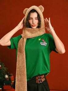 LOONEY TUNES X SHEIN Women's Christmas Cartoon Pattern Round Neck Short Sleeve T-Shirt - Green - View 6