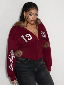 ROMWE Avant Áo nỉ nữ cỡ lớn kiểu dáng đại học thêu chữ và số, phối lông, có dây rút. - Màu Đỏ Sâu - Xem 3