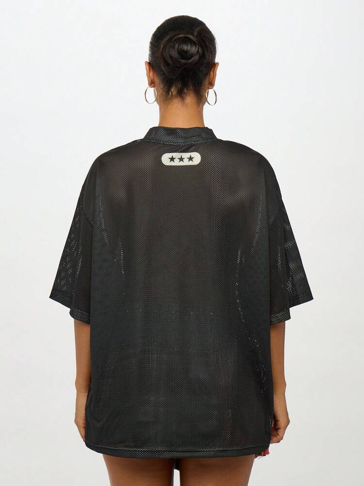 SUMWON WOMEN Black Mesh Varsity Jersey With Collegiate Print