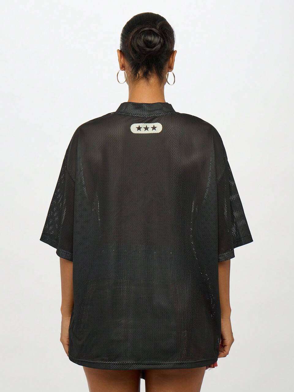 SUMWON WOMEN Black Mesh Varsity Jersey With Collegiate Print