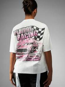 Missguided x Playboy Racing Club Vintage Style Cotton T-Shirt With Pink Racing Car Design Oversized Fit Basic Short Sleeve Casual Summer Streetwear - White - View 1
