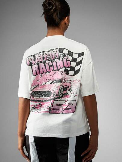 Missguided x Playboy Racing Club 复古风格棉质 T 恤，粉色赛车图案，超大版型，基本款短袖，休闲夏季街头服饰
