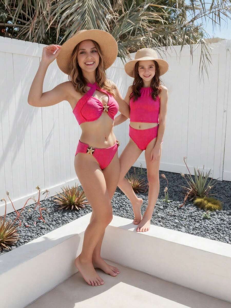 SHEIN 2pcs/Set Girls Pink Textured Bikini Swimsuits Top And Bottom - Hot Pink - View 1