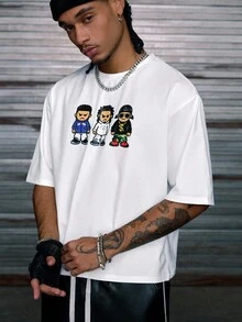 AXEPEAK 男士休闲卡通印花短袖T恤，夏季 - 白色 - 查看 4