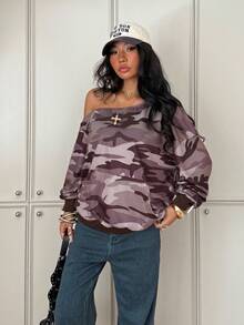 Flirla Women's Casual Camouflage Print Oblique Shoulder Long Sleeve Street Style Sweatshirt Fall Cloth For Women - Multicolor - View 4