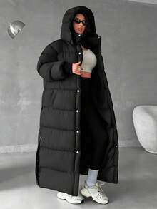 EURMUSE 中长款女士棉衣外套冬季黑色新款过膝加厚宽松保暖大衣 - 黑色 - 查看 5