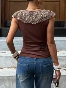 SHEIN EZwear Women's Summer Fashion Sequin Ruffles Patchwork Ruched Slim Fit Tank Top ,Y2k Clothes Women, Western Women Wear, Bohemian Clothes For Women ,Clubs Women , Country Concert