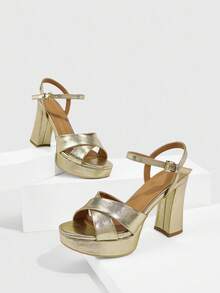 CUCCOO SZL 女士银色圆头粗跟中跟优雅休闲简约舒适一脚蹬高跟鞋，适合工作、通勤、正式场合、派对、婚礼 - 金色 - 查看 2