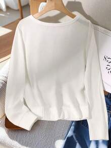 GlowEve Camiseta de manga larga de unicolor casual para mujer, versátil para primavera y otoño - Blanco - Ver 2