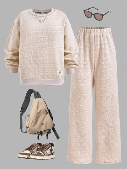 SHEIN 1 Set Teenage Boys' Casual Plaid Jacquard Crew Neck Long Sleeve Top And Pants, Regular Thickness, Everyday Wear, Autumn Fall Winter