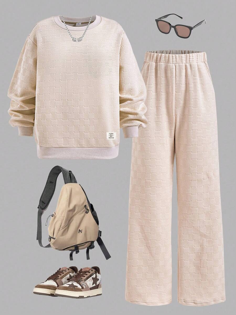 SHEIN 1 套青少年男童休闲格子提花圆领长袖上衣和裤子，常规厚度，日常穿着，秋季 - 杏色 - 查看 1