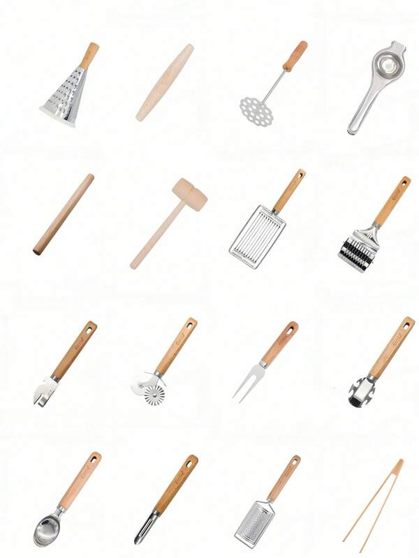 Zazumi Set da cucina professionale con manici in legno e utensili in acciaio inossidabile, accessori culinari essenziali per cucinare e cuocere al forno, regalo perfetto per chef, utensili durevoli per uso domestico e ristorante