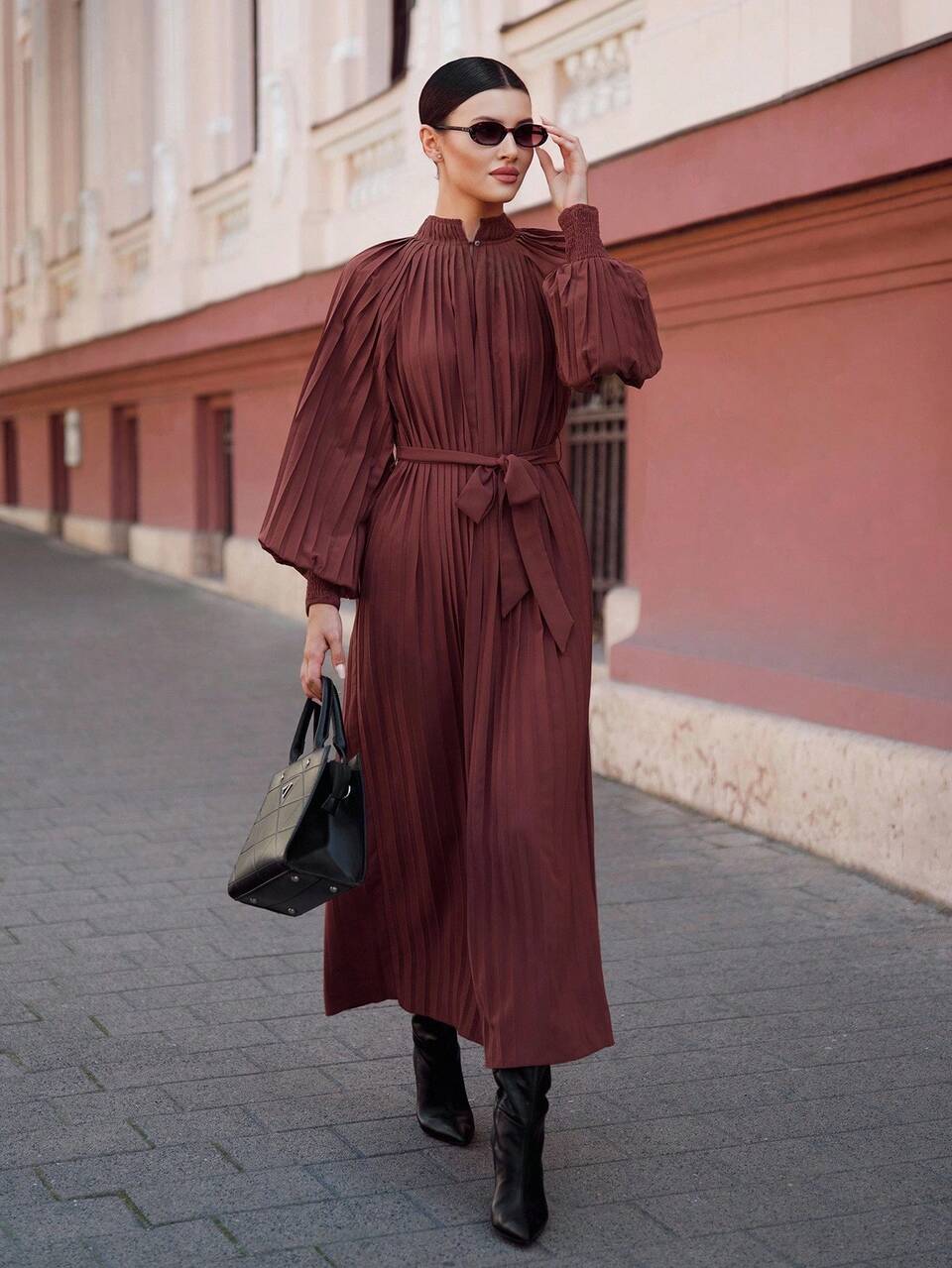 Elegant Maroon Autumn Women's Pleated Lantern Sleeve Long Dress,Business Casual Dining Wedding Guest Attire,Church Party,New Year's Winter Clothing