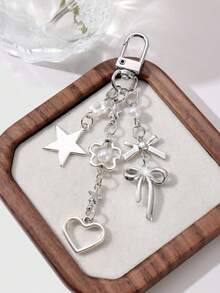 ROMWE Kawaii 1 件 Y2K 极简主义高端银蝴蝶仿珍珠镂空心形星形编织蝴蝶结 DIY 钥匙扣包饰，适合女士/女孩日常佩戴，节日礼物 - 銀白色 - 查看 5