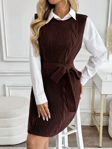 SHEIN LUNE New Minimalist Style Cable Knit Round Neck Vest, Versatile Solid Color Elegant Knit Top/Dress For Women, European And American Fashion - Coffee Brown - View 4