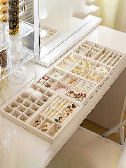 1/5pcs Jewelry Display Tray, Jewelry Organizer Box, Cosmetic Storage Box, Cosmetic Organizer Tray, Ring Display Box, Ring Organizer Tray, Necklace Display Box, Necklace Organizer Tray, Beige Storage Box, Jewelry, Perfume, Stationery. A Perfect Gift For Women., For Holiday Beach, Bathroom Collection, Bedroom Collection, Large Capacity