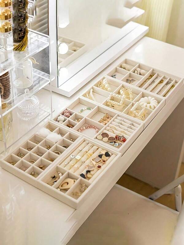 1/5pcs Jewelry Display Tray, Jewelry Organizer Box, Cosmetic Storage Box, Cosmetic Organizer Tray, Ring Display Box, Ring Organizer Tray, Necklace Display Box, Necklace Organizer Tray, Beige Storage Box, Jewelry, Perfume, Stationery. A Perfect Gift For Women., For Holiday Beach, Bathroom Collection, Bedroom Collection, Large Capacity