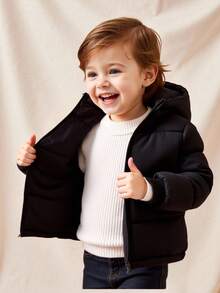 SHEIN Playful Pals Áo khoác có mũ trùm đầu dài tay màu đen thời trang thoải mái có khóa kéo dành cho bé trai, mùa thu/đông - màu đen - Xem 1