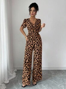Elenzga Ladies' Elegant Vacation And Casual Summer Leopard Print Jumpsuit