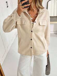 Siren Gaze Button Front Drop Shoulder Solid Coat In Fall/Winter Brown Casual - Khaki - View 3