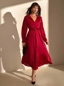 CLARA VERO Solid Color, Long Sleeve, Belted, V-Neck, Long Dress - Red - View 1