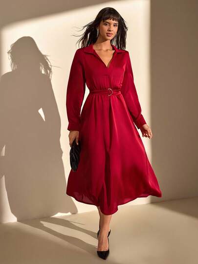 CLARA VERO Solid Color, Long Sleeve, Belted, V-Neck, Long Dress