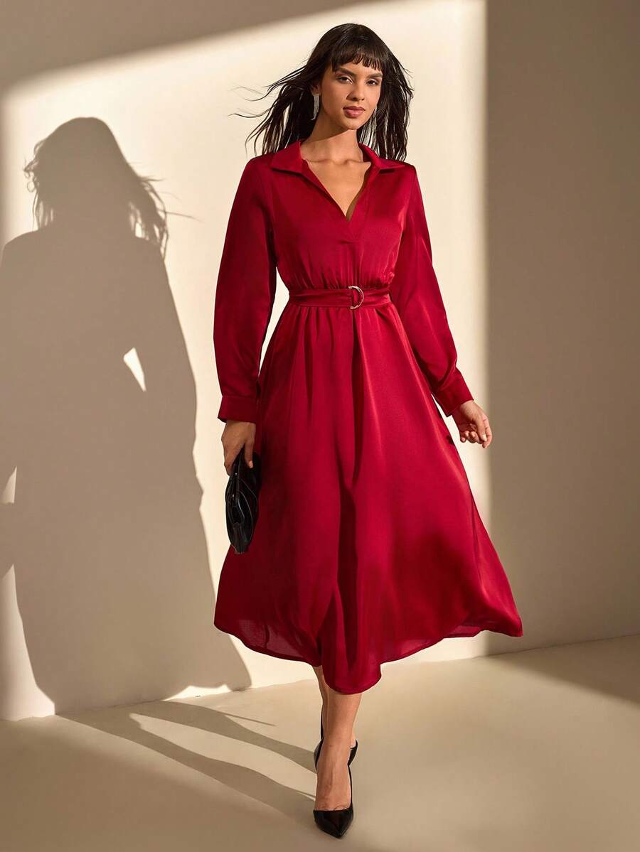CLARA VERO Solid Color, Long Sleeve, Belted, V-Neck, Long Dress - Red - View 1
