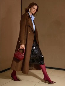 PREMIUM 纯色羊毛翻领双排扣系腰带大衣 - 棕色 - 查看 3