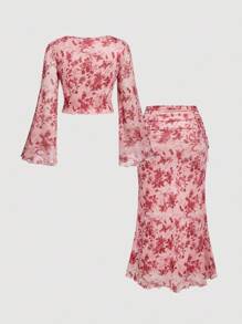 SHEIN MOD 大码女式花卉印花扭纹前开襟喇叭袖上衣和鱼尾裙优雅套装 - 粉色 - 查看 2