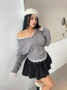 Vibekara Plus Size Women Batwing Sleeve T-Shirt Top, Patchwork Lace & Ribbed Casual Chic Pullover Fall Cloth For Women