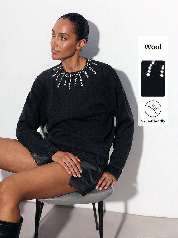 SHEIN Maija Sequin Rhinestone Decor Loose Fit Crew Neck Long Sleeve Knit Sweater For Women, Blue Christmas Christmas Sweater Sequin Sweater In Fall/Winter New Year Saudi National Day Party Old Money Winter For Women Thanksgiving For Women Elegant