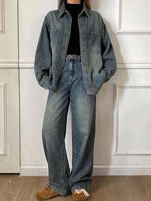 DAZY Autumn/Winter New Loose Casual Distressed Washed Women Denim Set - Blue - View 3