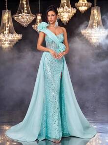 Glamrae Thanh lịch, Lãng mạn, Sang trọng, Trang nghiêm, Xanh lam, Lấp lánh, Không quai, Thắt eo, Xếp ly, Nàng tiên cá, Đuôi tàu, Váy dạ hội, Hoàn hảo cho Tiệc sinh nhật, Hẹn hò, Đám cưới, Dịp trang trọng, Váy dạ hội - Màu xanh ngọc - Xem 7