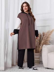 Lacomfia Bộ 2 món áo hoodie tay dài và quần dài họa tiết chắp vá màu trơn cỡ lớn - Bụi hồng - Xem 1