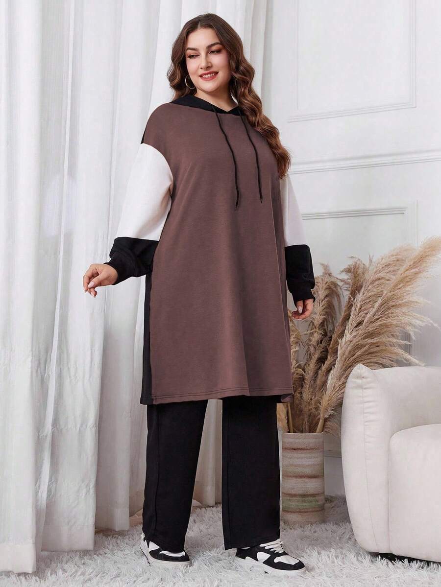 Lacomfia Bộ 2 món áo hoodie tay dài và quần dài họa tiết chắp vá màu trơn cỡ lớn - Bụi hồng - Xem 1