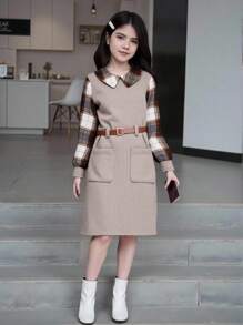 SHEIN 女童纯色和格子拼布长袖连衣裙