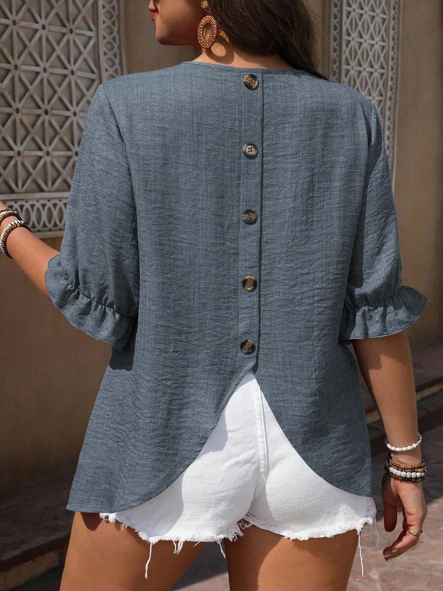 Linhara Plus Size Women Tie Sleeve Decorative Button Design Shirt - Dusty Blue - View 1