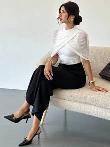 Firerie Áo lưới nhún bèo thường ngày dành cho nữ (Màu trắng) để mặc khi trở lại trường, đi làm, mặc cho giáo viên, mặc đi làm, đi chơi thường ngày, quần áo mùa thu dành cho nữ, quần thu/đông sang trọng, áo sang trọng, trang phục hẹn hò, áo cánh xã giao dành cho nữ và đàm phán kinh doanh. - trắng - Xem 8