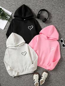 3pcs/Set Tween Girls' Loose Casual Comfortable Soft Versatile Heart Print Sweatshirt,In Fall/Winter - Baby Pink - View 7