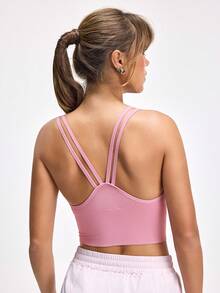 LOUNGEISTA 1pc Cute Front Zipper Seamless Elastic Sports Bra & Enhancing Bra For Women, Workout - Pink - View 2