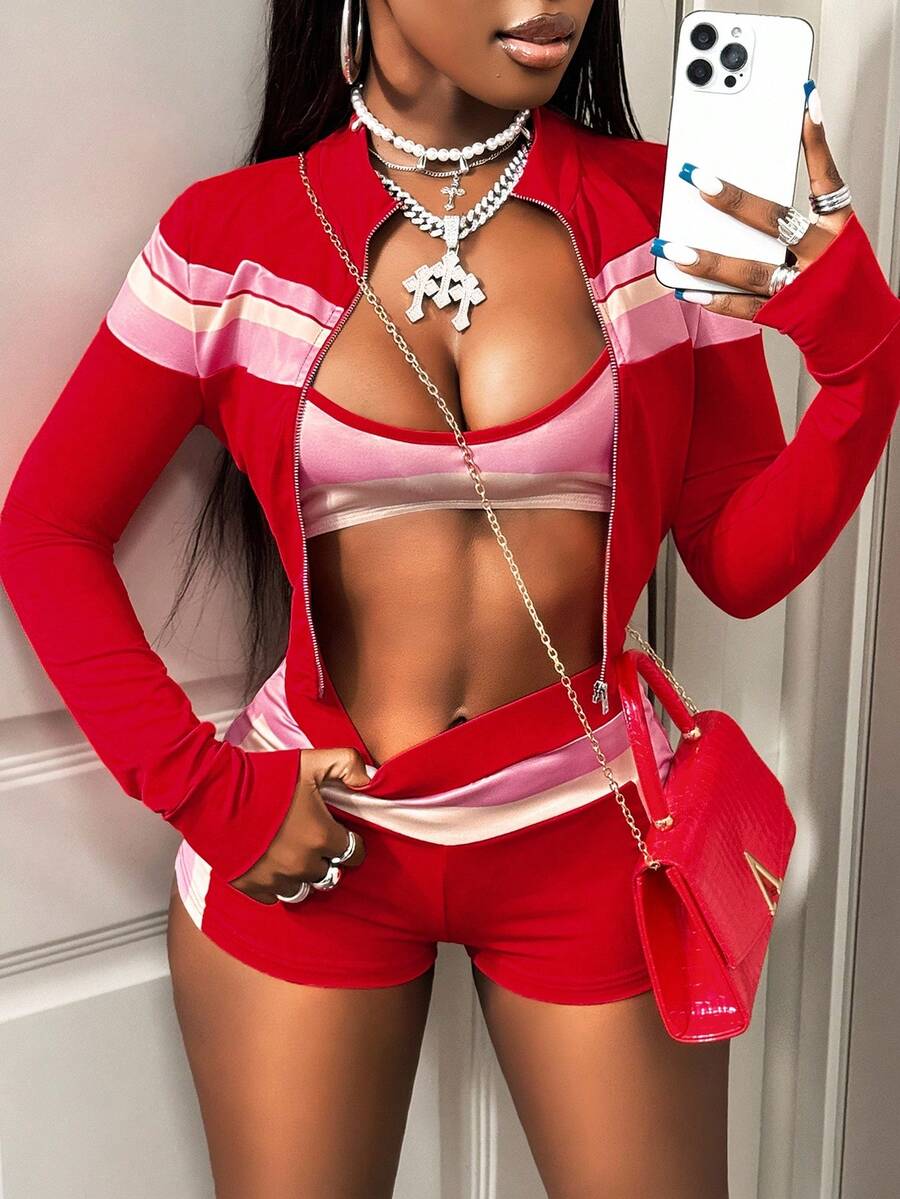 BamGleam 女士街头服饰撞色拉链开衫和吊带背心搭配短裤套装 - 彩色 - 查看 1