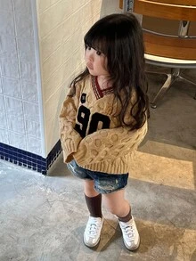 DAZY Toddler Girls' V-Neck Contrast Color Casual Long Sleeve Sweater, Autumn/Winter - Camel - View 5
