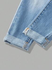 SHEIN 2pcs Young Boy Blue Denim Thermal Lined Jacket With Collar And Elastic Skinny Pants Set, Autumn/Winter Fall