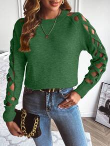 EMERY ROSE Women's Sexy Criss-Cross Hollow Out Sleeve Round Neck Sweater, Autumn/Winter Fall Cloth For Women - Green - View 3